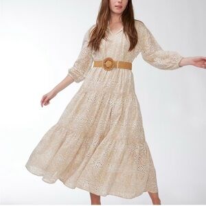 NWT Chicos Taupe Eyelet Tiered Maxi Dress